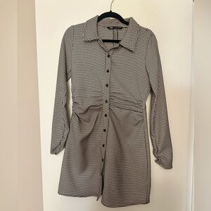 Zara Black and White Houndstooth Long Sleeve Dress